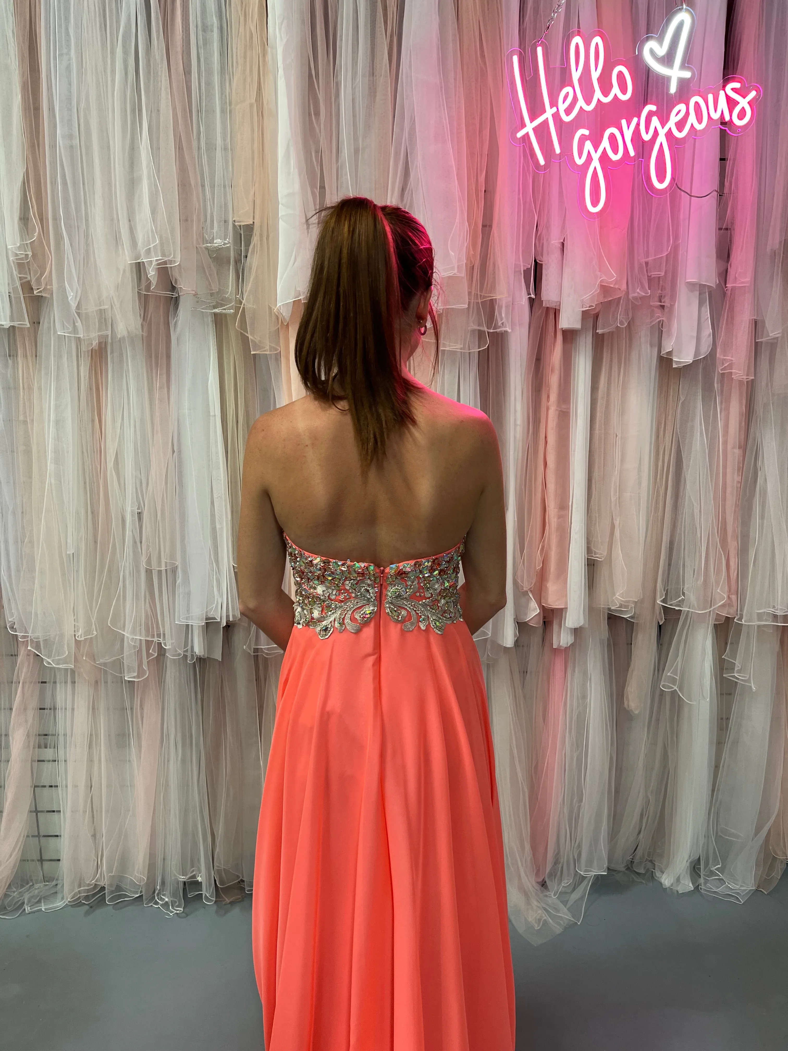 JVN by Jovani 21216 Coral Jeweled Sweetheart Chiffon Dress
