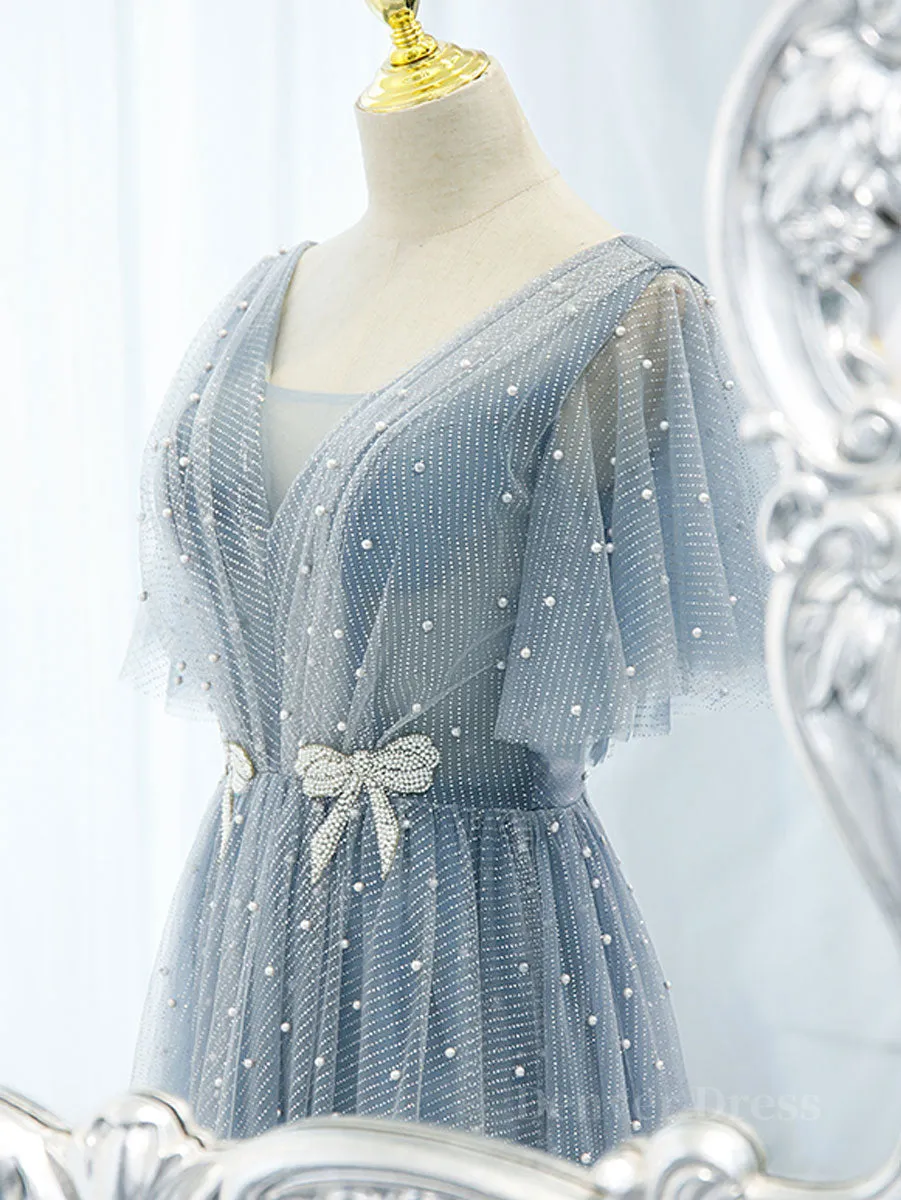 kamahe Blue v neck tulle beads long prom dress, blue tulle formal dress