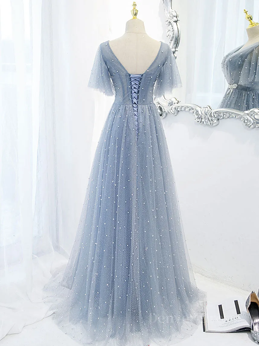 kamahe Blue v neck tulle beads long prom dress, blue tulle formal dress