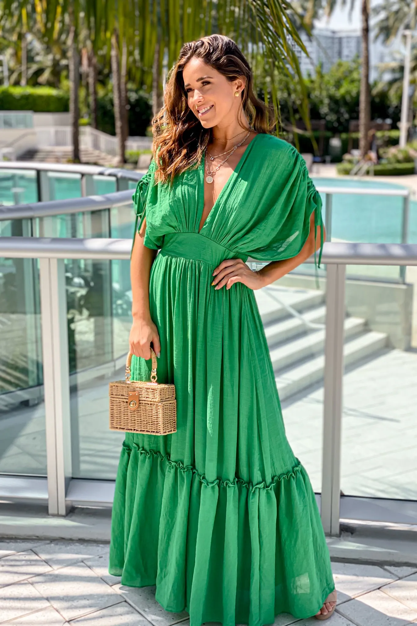 Kelly Green V-Neck Maxi Dress with Dolman Sleeves