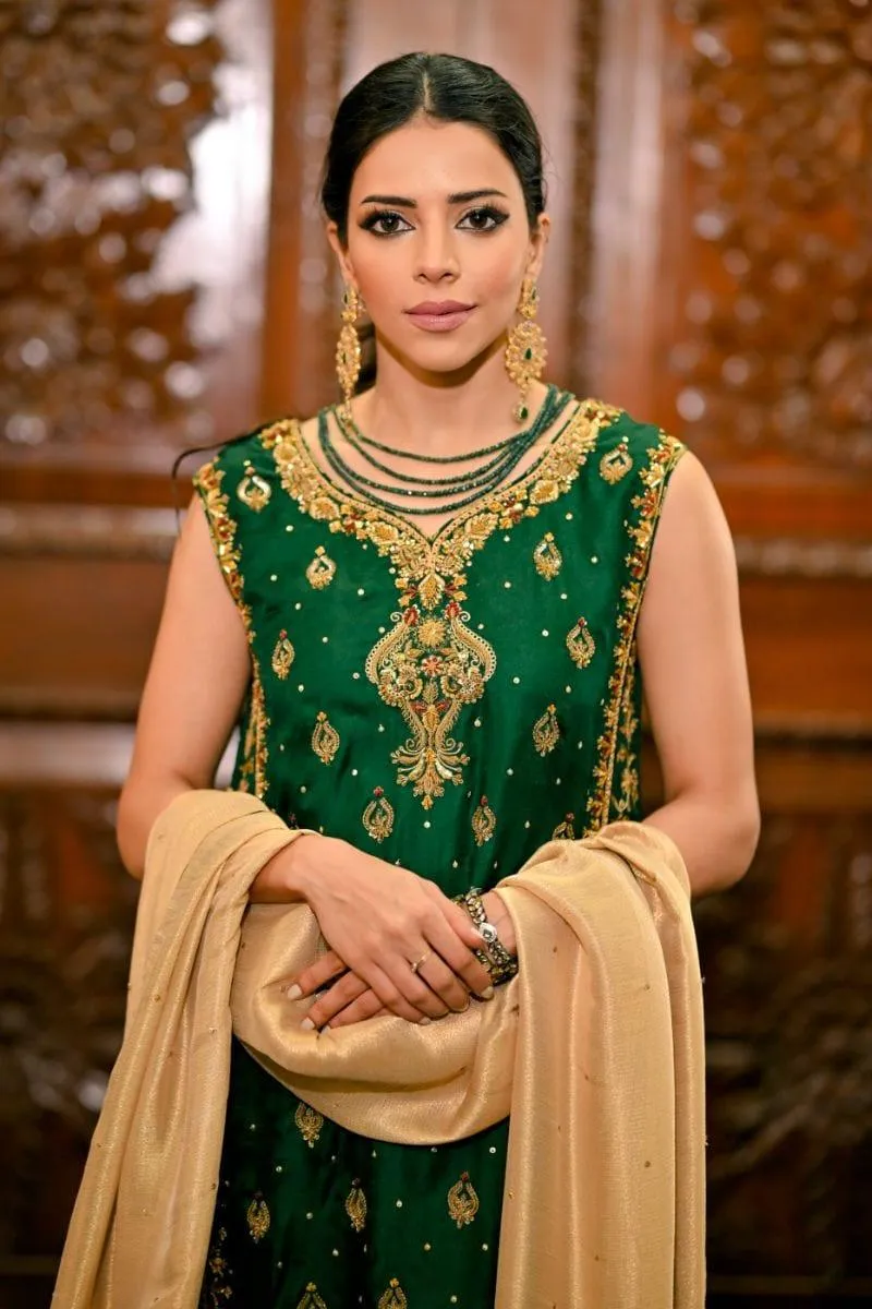 Khayal BY SHAISTA HASSAN - Emerald green in a pure jamawar long shirt - 3 Piece
