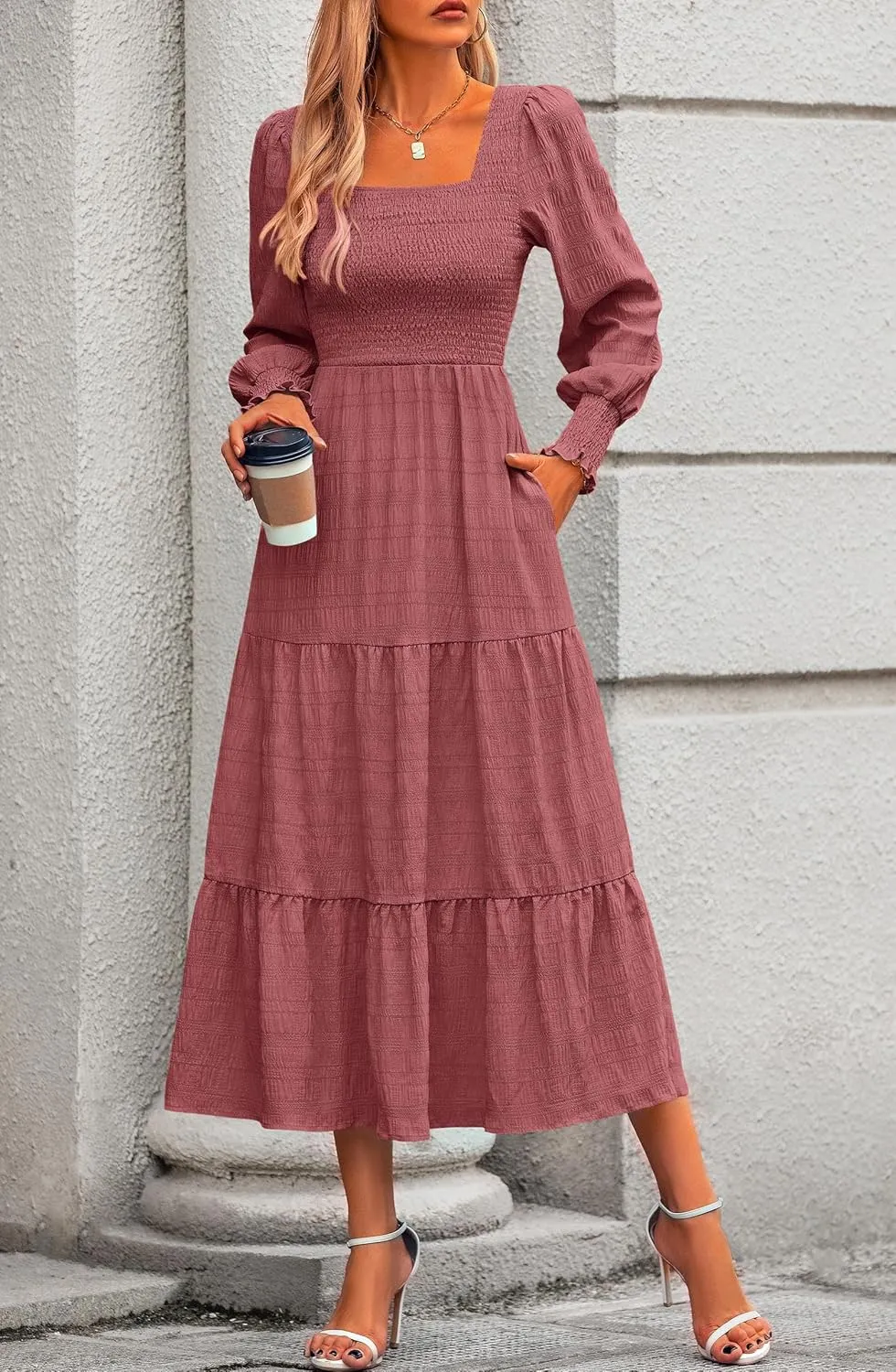 KIRUNDO Women Spring Wedding Guest Maxi Dress Elegant Puff Long Sleeve Summer Smocked Empire Waist Swing Flowy Long Dresses