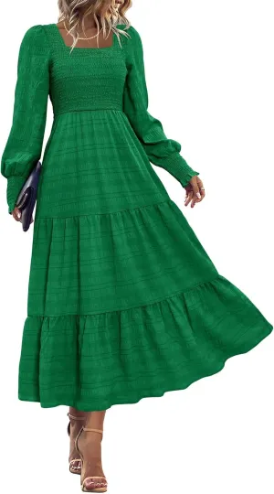 KIRUNDO Women Spring Wedding Guest Maxi Dress Elegant Puff Long Sleeve Summer Smocked Empire Waist Swing Flowy Long Dresses
