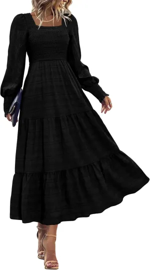 KIRUNDO Women Spring Wedding Guest Maxi Dress Elegant Puff Long Sleeve Summer Smocked Empire Waist Swing Flowy Long Dresses