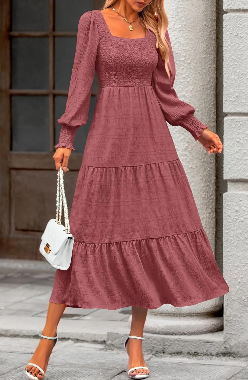 KIRUNDO Women Spring Wedding Guest Maxi Dress Elegant Puff Long Sleeve Summer Smocked Empire Waist Swing Flowy Long Dresses