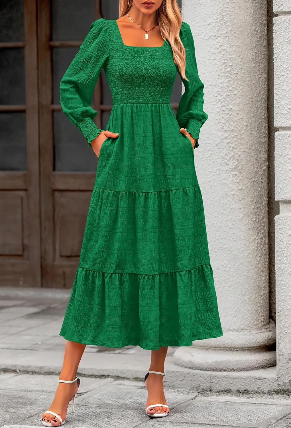 KIRUNDO Women Spring Wedding Guest Maxi Dress Elegant Puff Long Sleeve Summer Smocked Empire Waist Swing Flowy Long Dresses