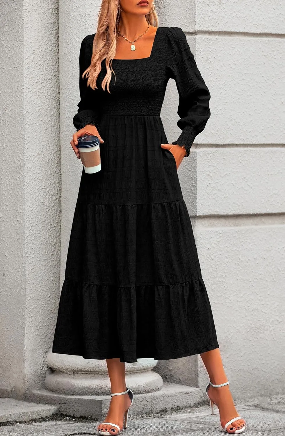 KIRUNDO Women Spring Wedding Guest Maxi Dress Elegant Puff Long Sleeve Summer Smocked Empire Waist Swing Flowy Long Dresses