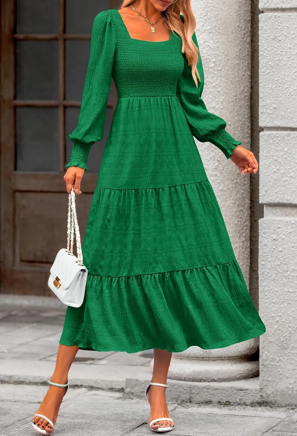 KIRUNDO Women Spring Wedding Guest Maxi Dress Elegant Puff Long Sleeve Summer Smocked Empire Waist Swing Flowy Long Dresses