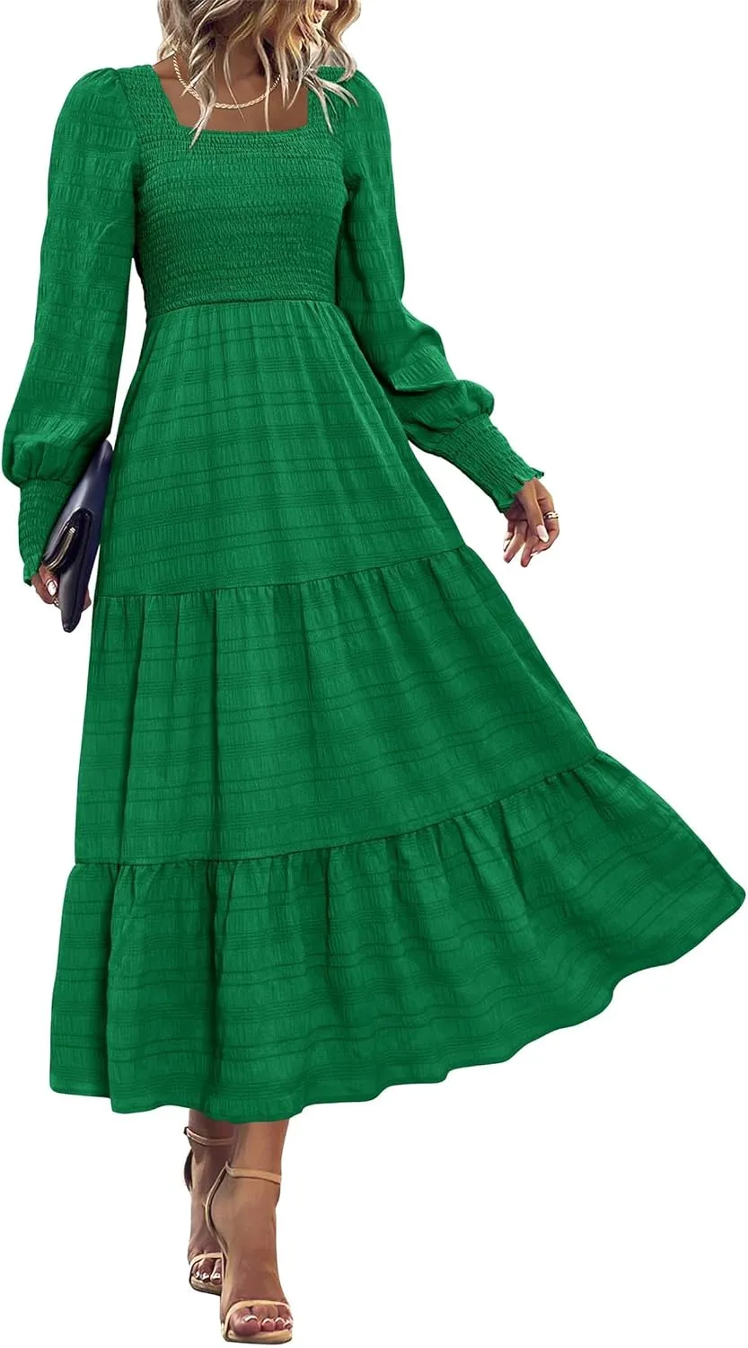 KIRUNDO Women Spring Wedding Guest Maxi Dress Elegant Puff Long Sleeve Summer Smocked Empire Waist Swing Flowy Long Dresses