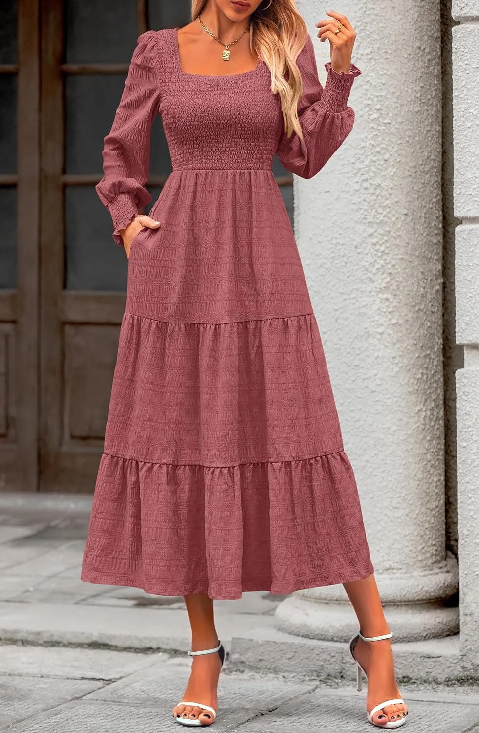 KIRUNDO Women Spring Wedding Guest Maxi Dress Elegant Puff Long Sleeve Summer Smocked Empire Waist Swing Flowy Long Dresses