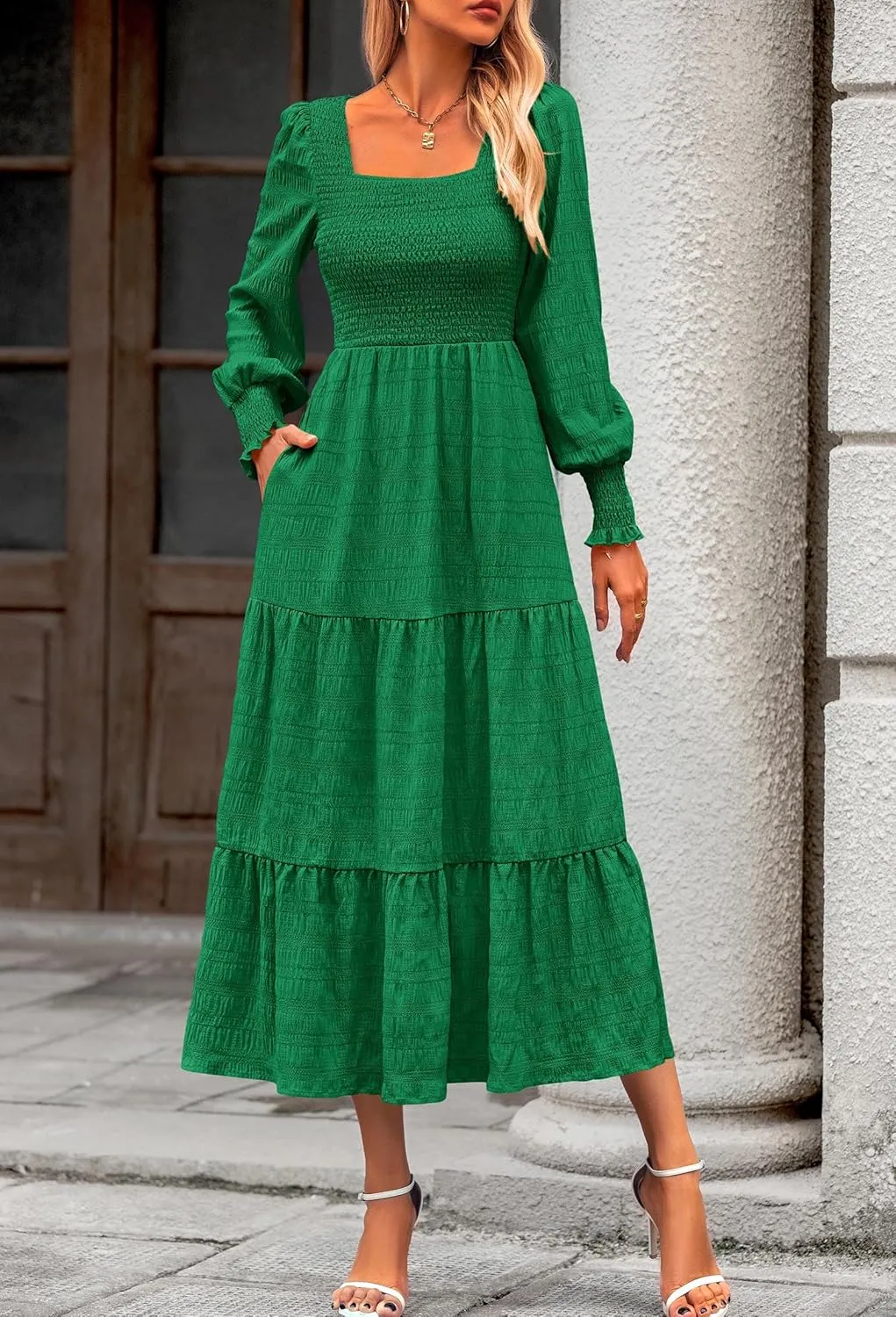 KIRUNDO Women Spring Wedding Guest Maxi Dress Elegant Puff Long Sleeve Summer Smocked Empire Waist Swing Flowy Long Dresses