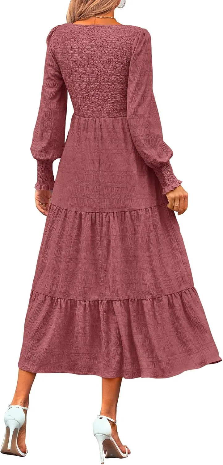 KIRUNDO Women Spring Wedding Guest Maxi Dress Elegant Puff Long Sleeve Summer Smocked Empire Waist Swing Flowy Long Dresses