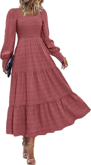 KIRUNDO Women Spring Wedding Guest Maxi Dress Elegant Puff Long Sleeve Summer Smocked Empire Waist Swing Flowy Long Dresses