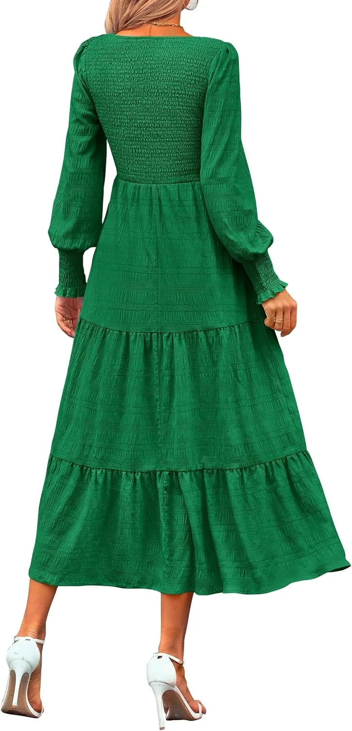 KIRUNDO Women Spring Wedding Guest Maxi Dress Elegant Puff Long Sleeve Summer Smocked Empire Waist Swing Flowy Long Dresses