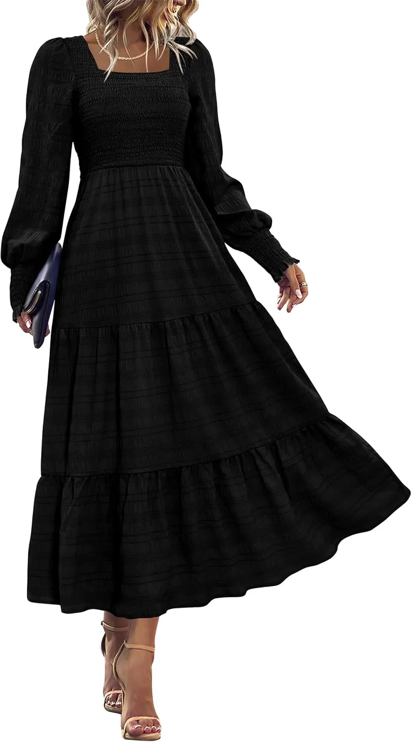 KIRUNDO Women Spring Wedding Guest Maxi Dress Elegant Puff Long Sleeve Summer Smocked Empire Waist Swing Flowy Long Dresses