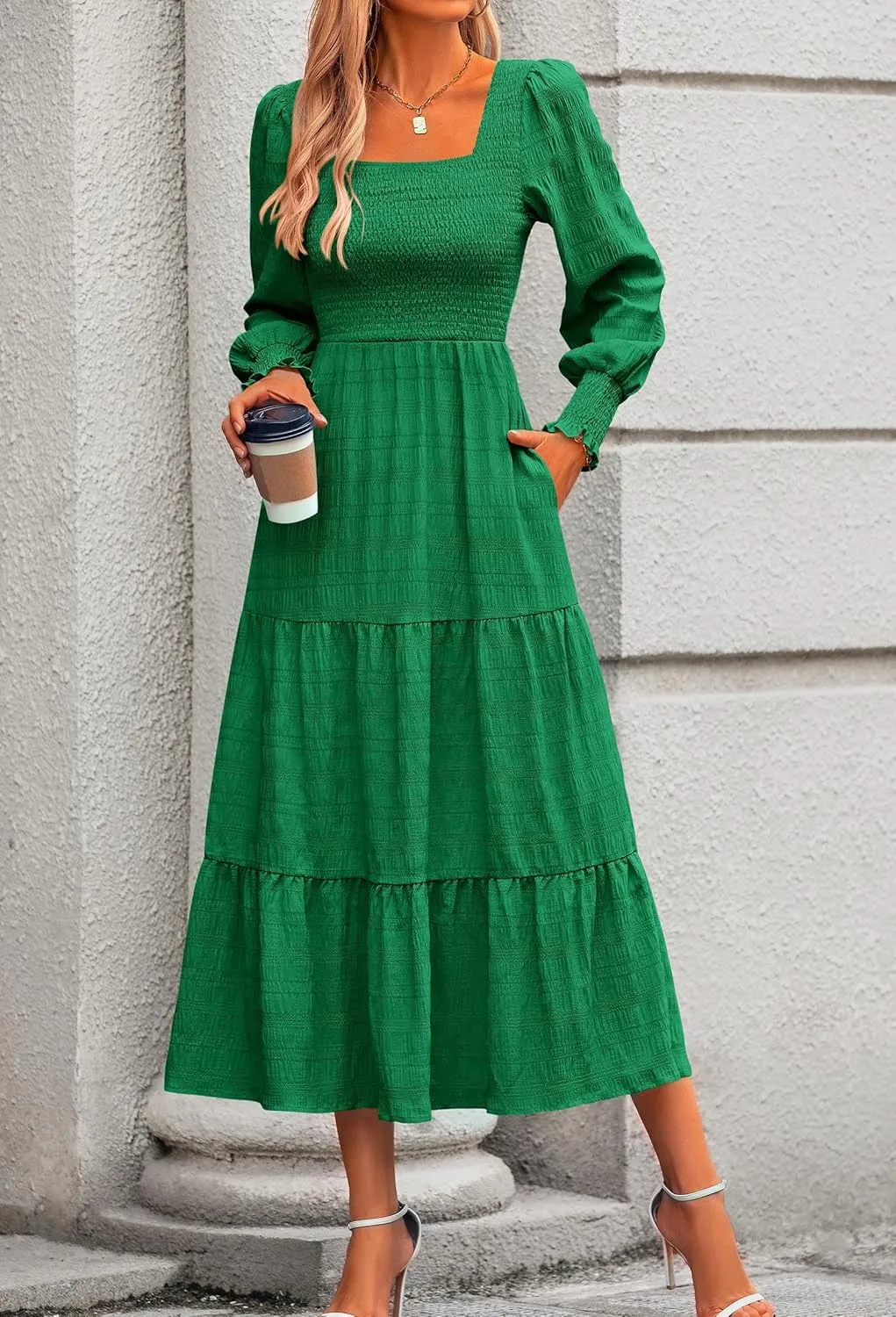 KIRUNDO Women Spring Wedding Guest Maxi Dress Elegant Puff Long Sleeve Summer Smocked Empire Waist Swing Flowy Long Dresses
