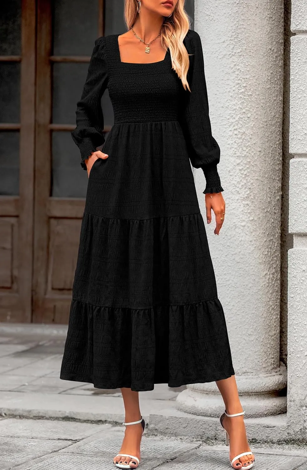 KIRUNDO Women Spring Wedding Guest Maxi Dress Elegant Puff Long Sleeve Summer Smocked Empire Waist Swing Flowy Long Dresses