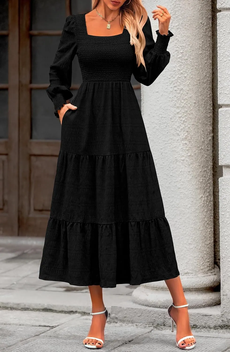 KIRUNDO Women Spring Wedding Guest Maxi Dress Elegant Puff Long Sleeve Summer Smocked Empire Waist Swing Flowy Long Dresses