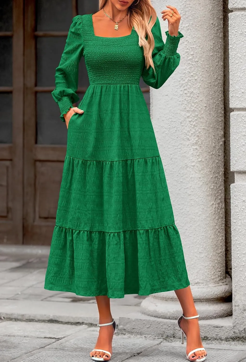 KIRUNDO Women Spring Wedding Guest Maxi Dress Elegant Puff Long Sleeve Summer Smocked Empire Waist Swing Flowy Long Dresses