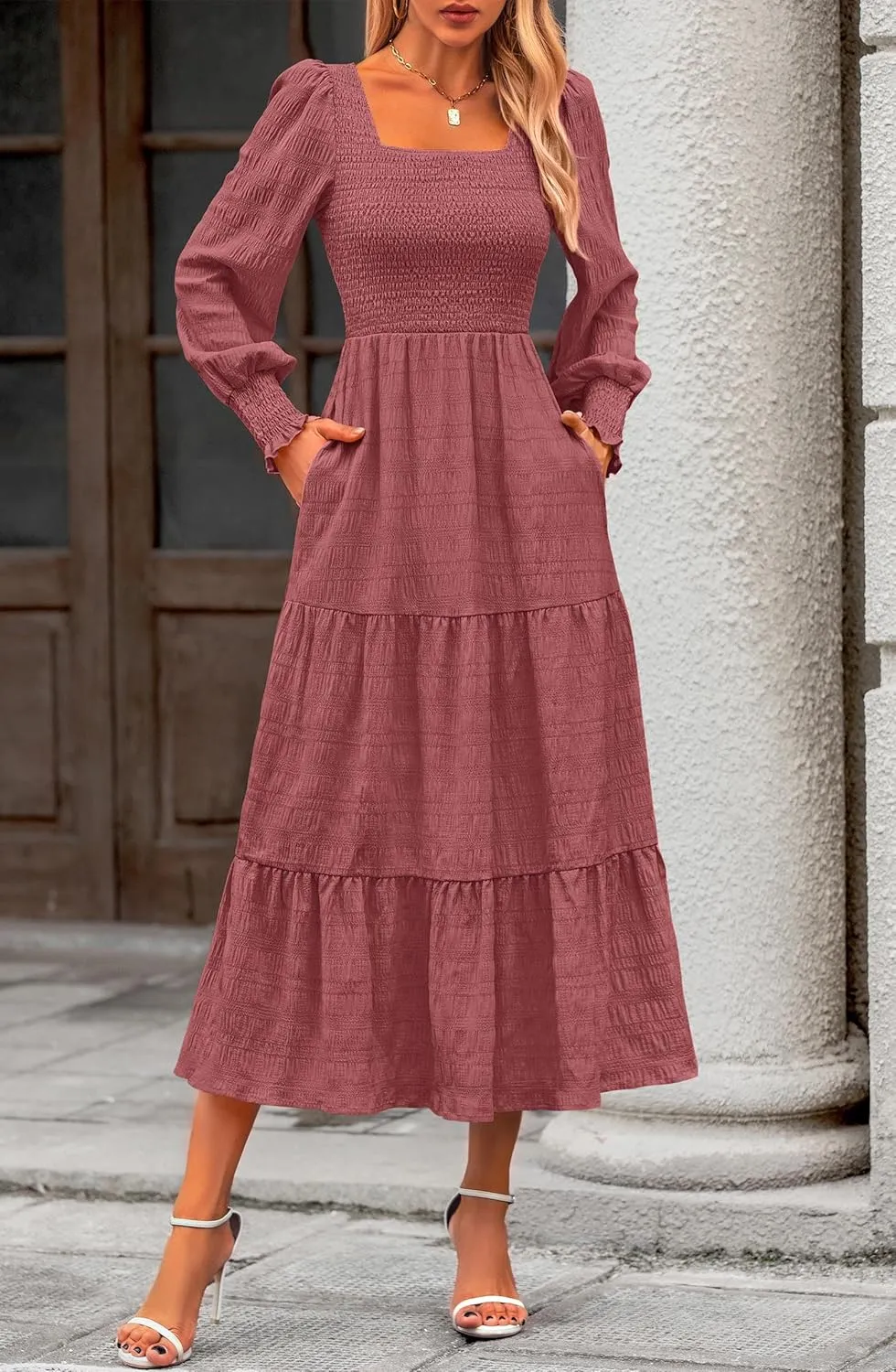 KIRUNDO Women Spring Wedding Guest Maxi Dress Elegant Puff Long Sleeve Summer Smocked Empire Waist Swing Flowy Long Dresses