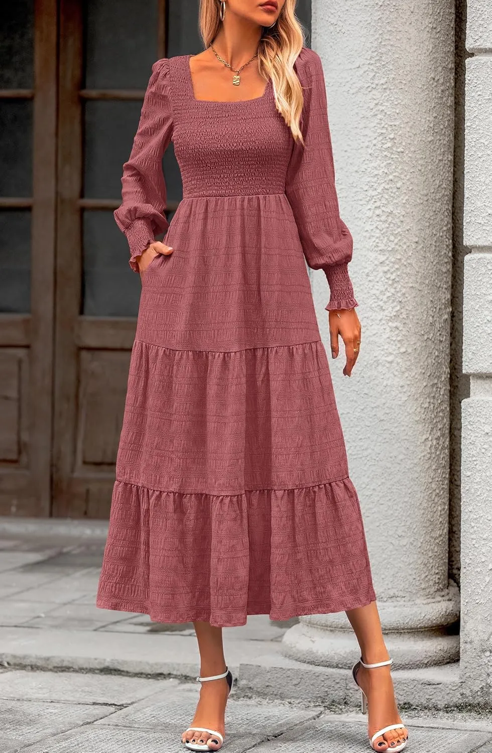 KIRUNDO Women Spring Wedding Guest Maxi Dress Elegant Puff Long Sleeve Summer Smocked Empire Waist Swing Flowy Long Dresses