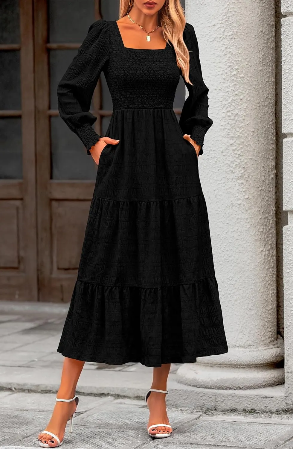 KIRUNDO Women Spring Wedding Guest Maxi Dress Elegant Puff Long Sleeve Summer Smocked Empire Waist Swing Flowy Long Dresses