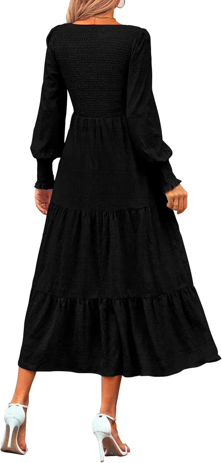 KIRUNDO Women Spring Wedding Guest Maxi Dress Elegant Puff Long Sleeve Summer Smocked Empire Waist Swing Flowy Long Dresses