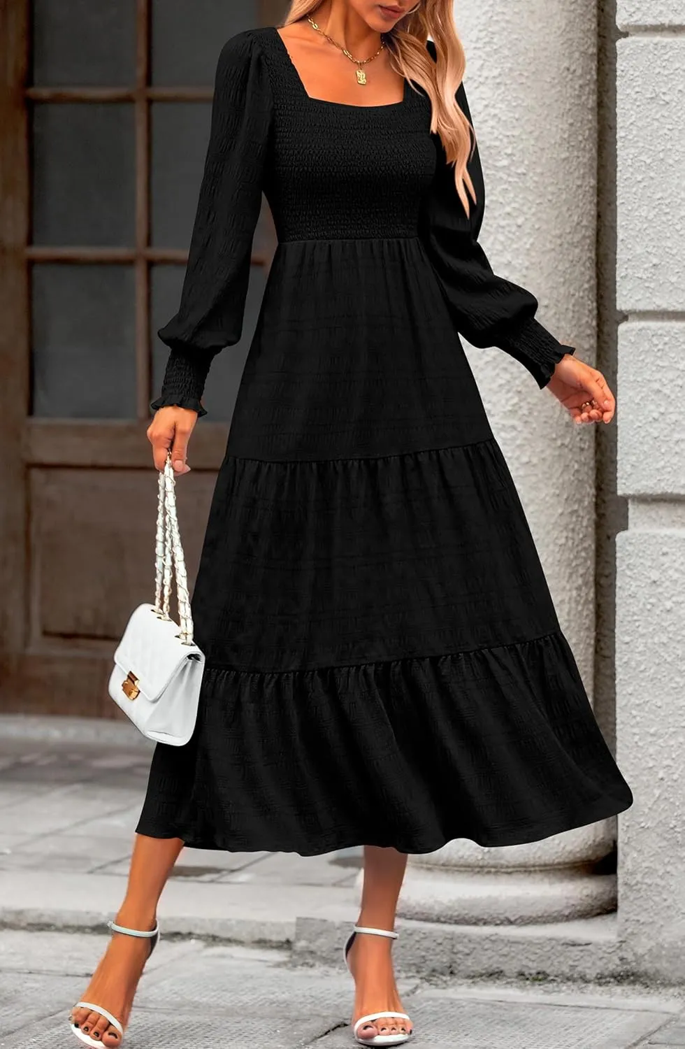 KIRUNDO Women Spring Wedding Guest Maxi Dress Elegant Puff Long Sleeve Summer Smocked Empire Waist Swing Flowy Long Dresses