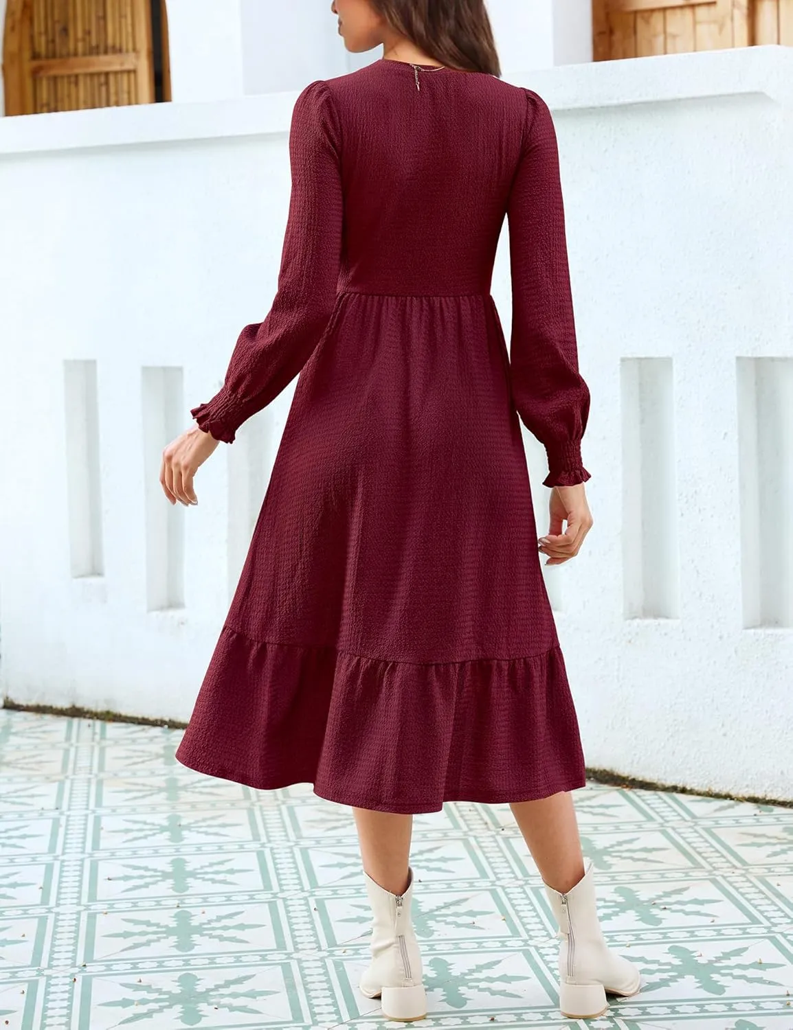 Kranda Women 2025 Fall Spring Long Sleeve Crewneck Causal Flowy Pleated Tiered A-Line Wedding Party Midi Dresses with Pockets
