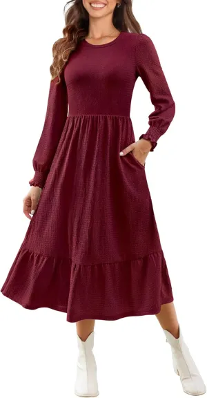 Kranda Women 2025 Fall Spring Long Sleeve Crewneck Causal Flowy Pleated Tiered A-Line Wedding Party Midi Dresses with Pockets