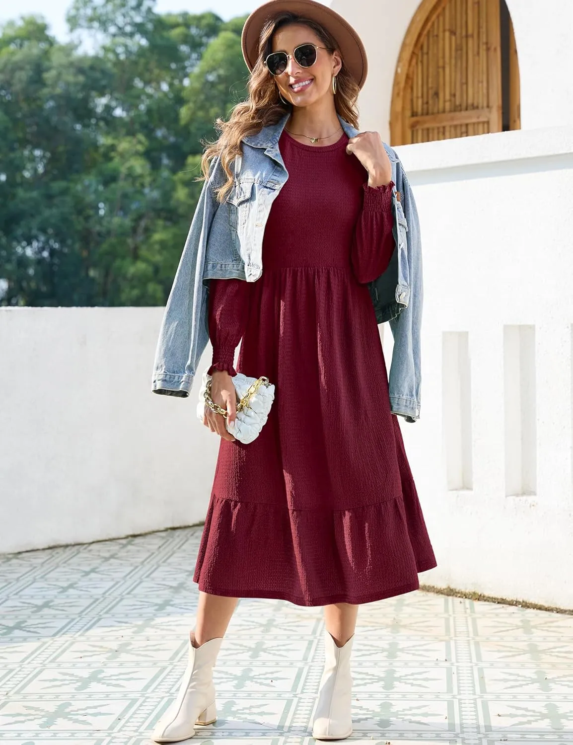 Kranda Women 2025 Fall Spring Long Sleeve Crewneck Causal Flowy Pleated Tiered A-Line Wedding Party Midi Dresses with Pockets