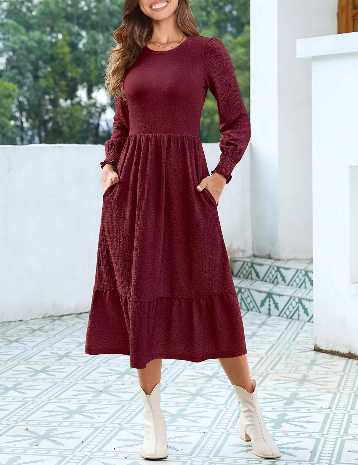 Kranda Women 2025 Fall Spring Long Sleeve Crewneck Causal Flowy Pleated Tiered A-Line Wedding Party Midi Dresses with Pockets
