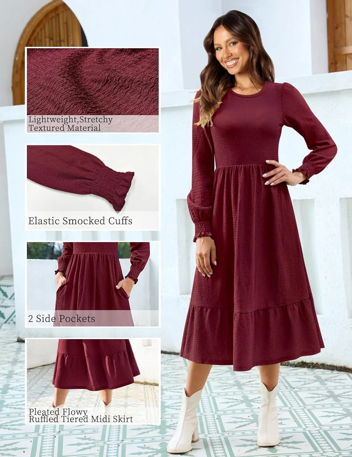 Kranda Women 2025 Fall Spring Long Sleeve Crewneck Causal Flowy Pleated Tiered A-Line Wedding Party Midi Dresses with Pockets