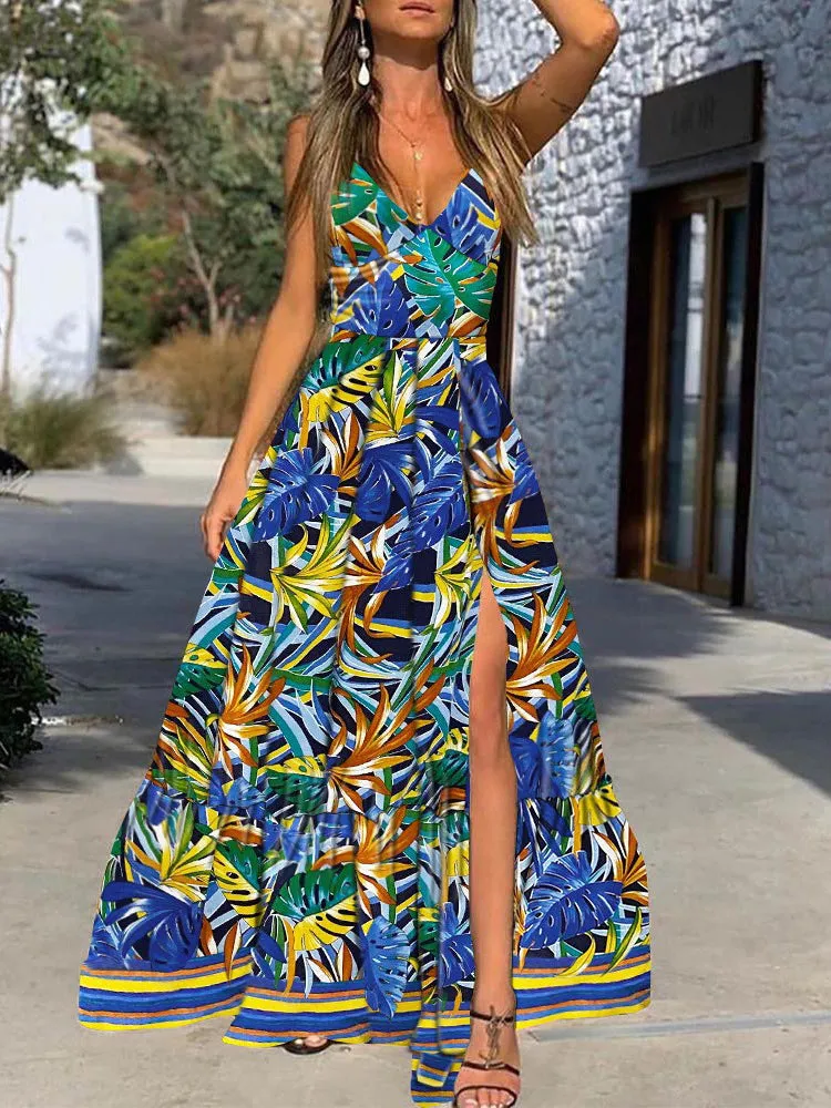 Leaf Print Deep V Neck Slit Sling Dress