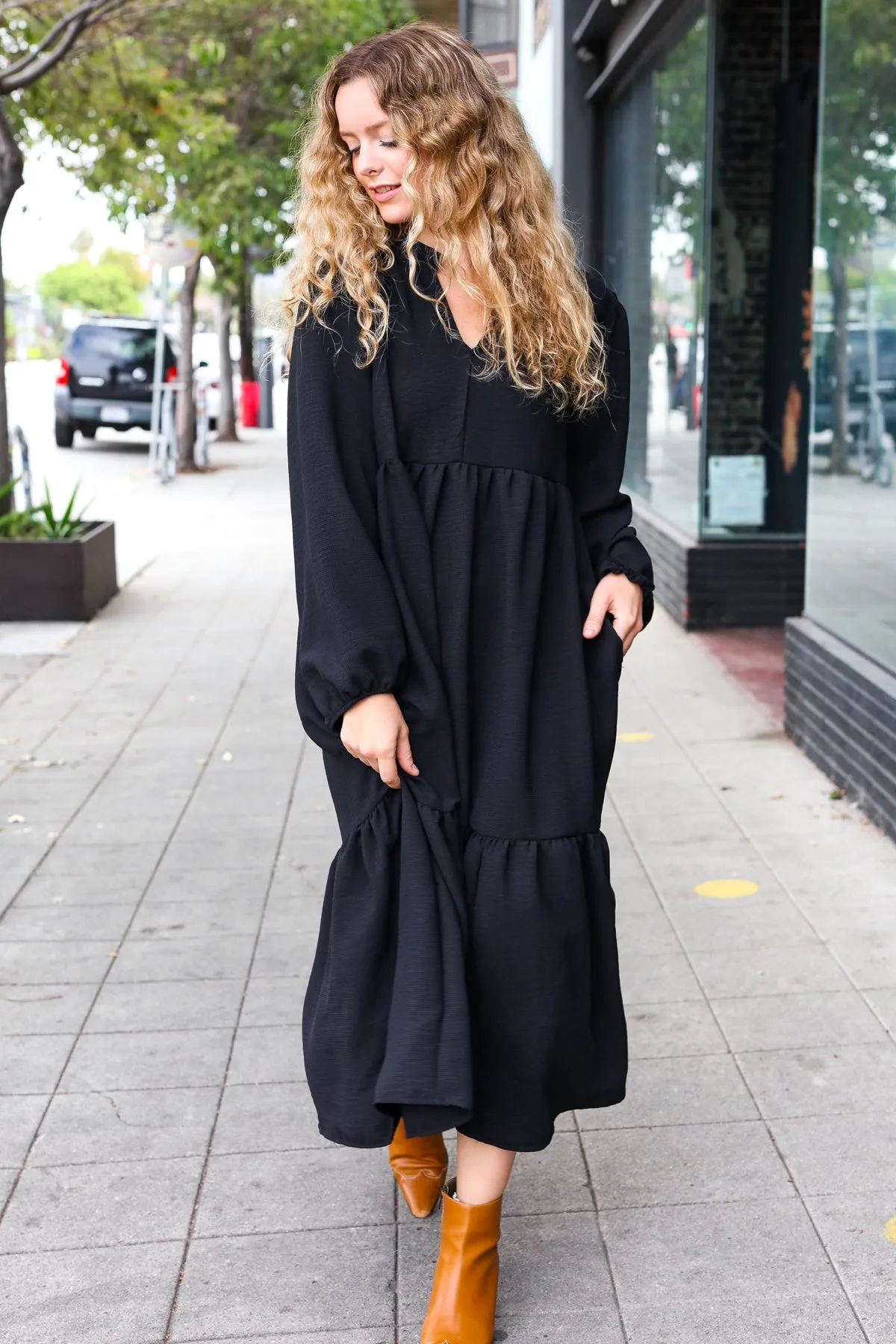 Lock Eyes Black Notched Neck Frill Hem Tiered Maxi Dress