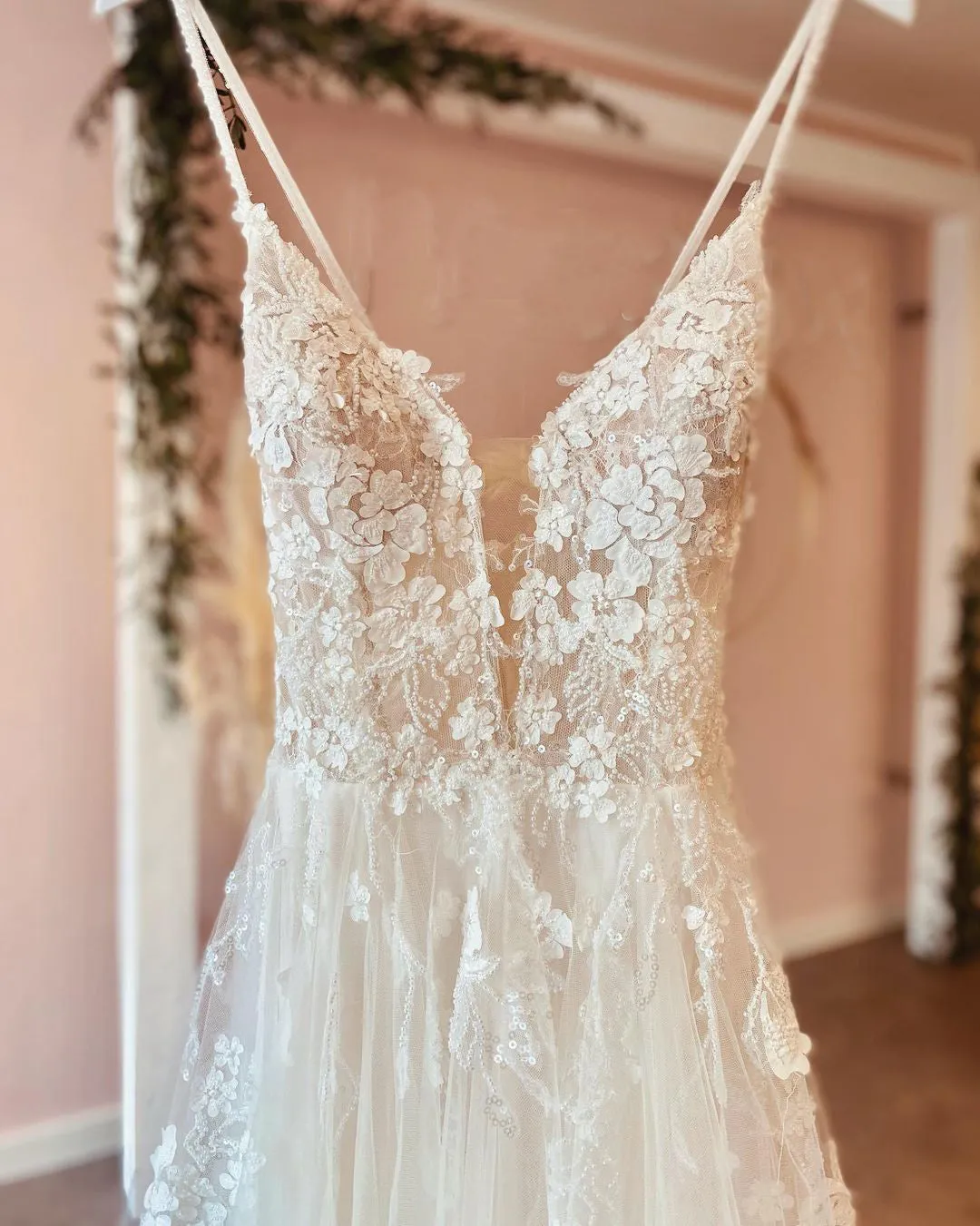 Long A-Line Deep V-Neck Spaghetti Strap Backless Wedding Dress with Lace Tulle