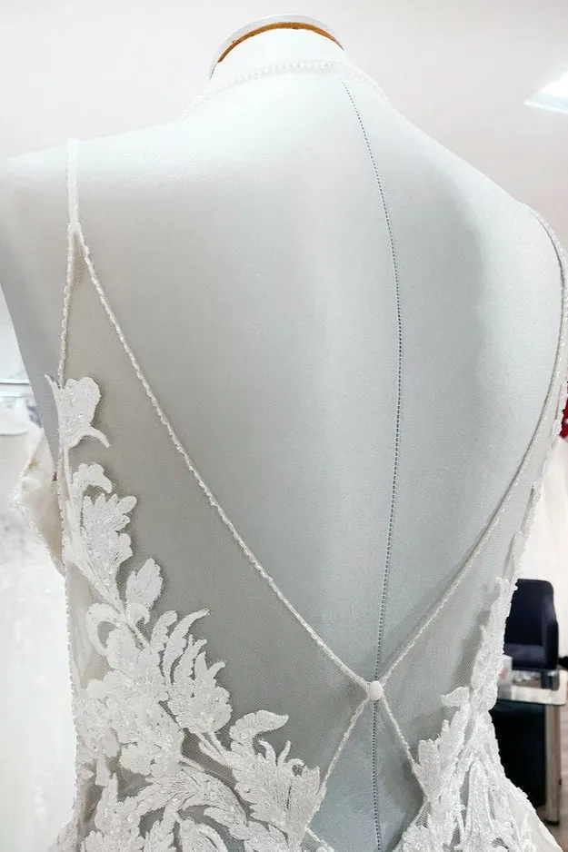 Long Princess Tulle V Neck Sequins Lace Appliques Wedding Dress