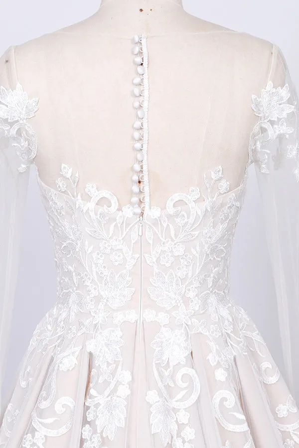 Long Sleeve Appliques Lace Tulle A-line Wedding Dress