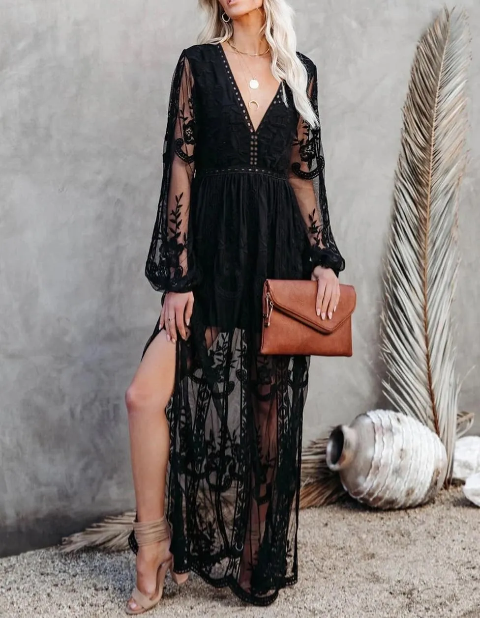 LRISES Womens V Neck Floral Embroidered Lace Wedding Maxi Dress Boho Short Sleeve Slit Bridesmaid Evening Party Dresses