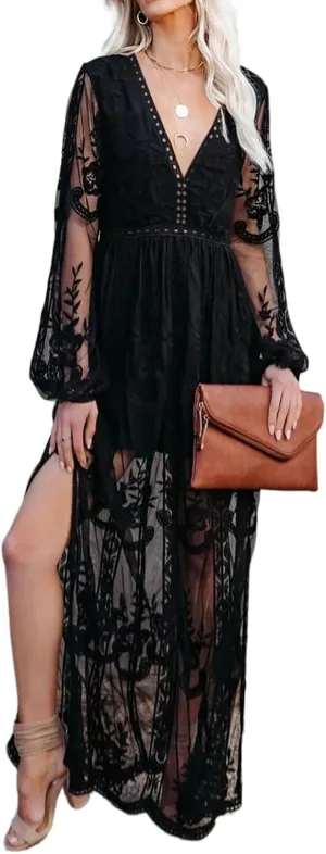 LRISES Womens V Neck Floral Embroidered Lace Wedding Maxi Dress Boho Short Sleeve Slit Bridesmaid Evening Party Dresses