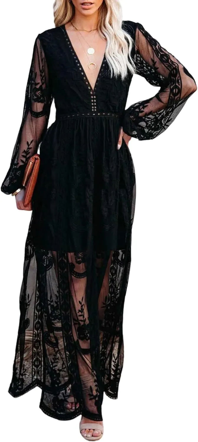 LRISES Womens V Neck Floral Embroidered Lace Wedding Maxi Dress Boho Short Sleeve Slit Bridesmaid Evening Party Dresses