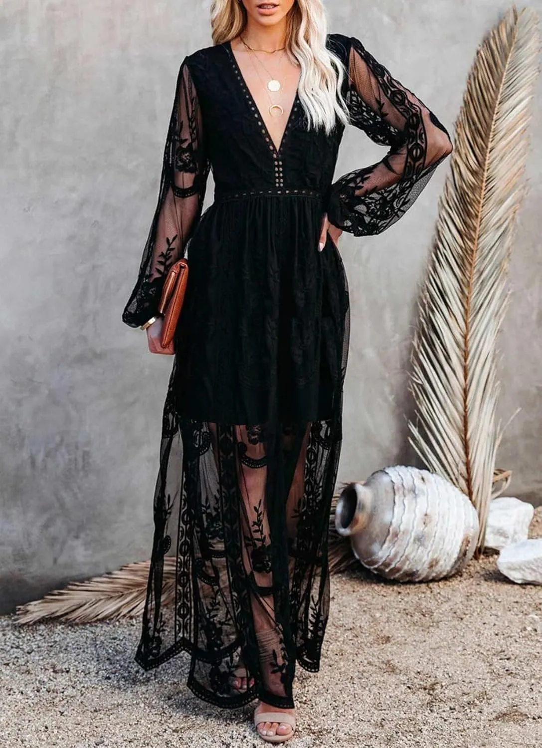LRISES Womens V Neck Floral Embroidered Lace Wedding Maxi Dress Boho Short Sleeve Slit Bridesmaid Evening Party Dresses