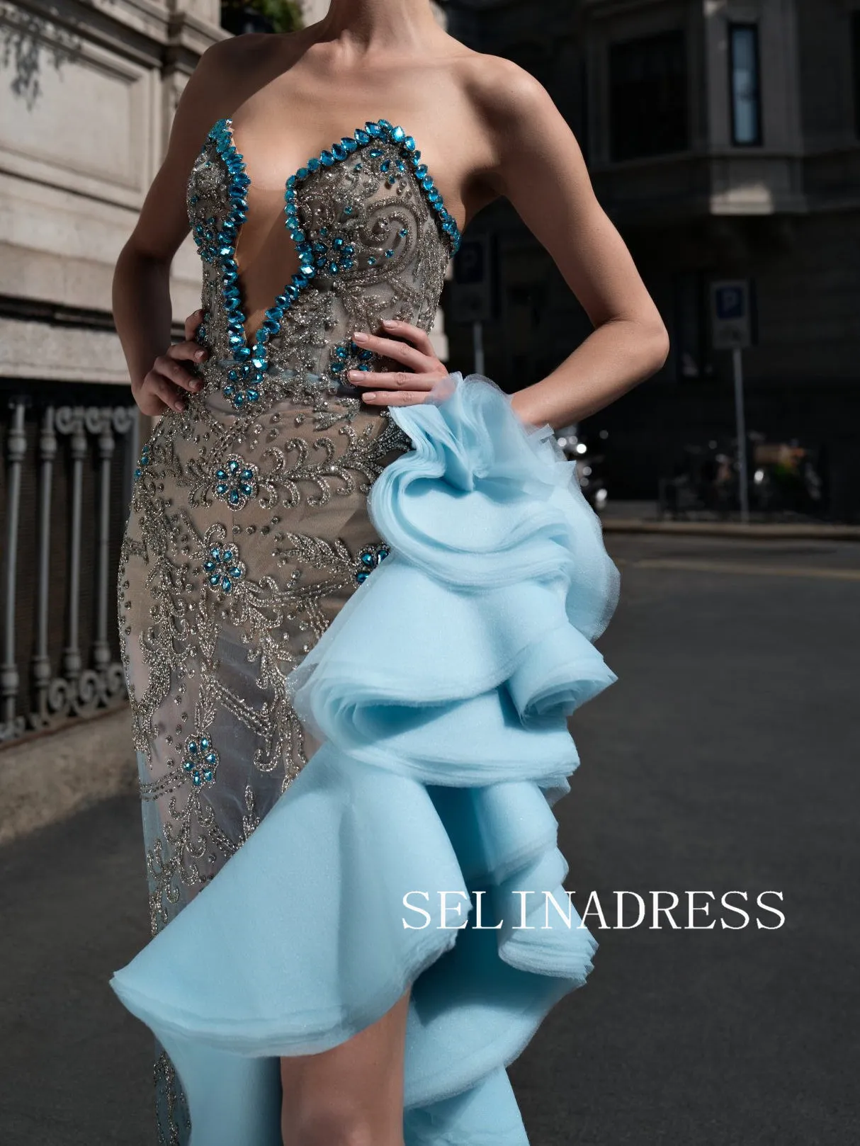 Luxury Mermaid Strapless Beaded Blue Long Evening Gown lpk939