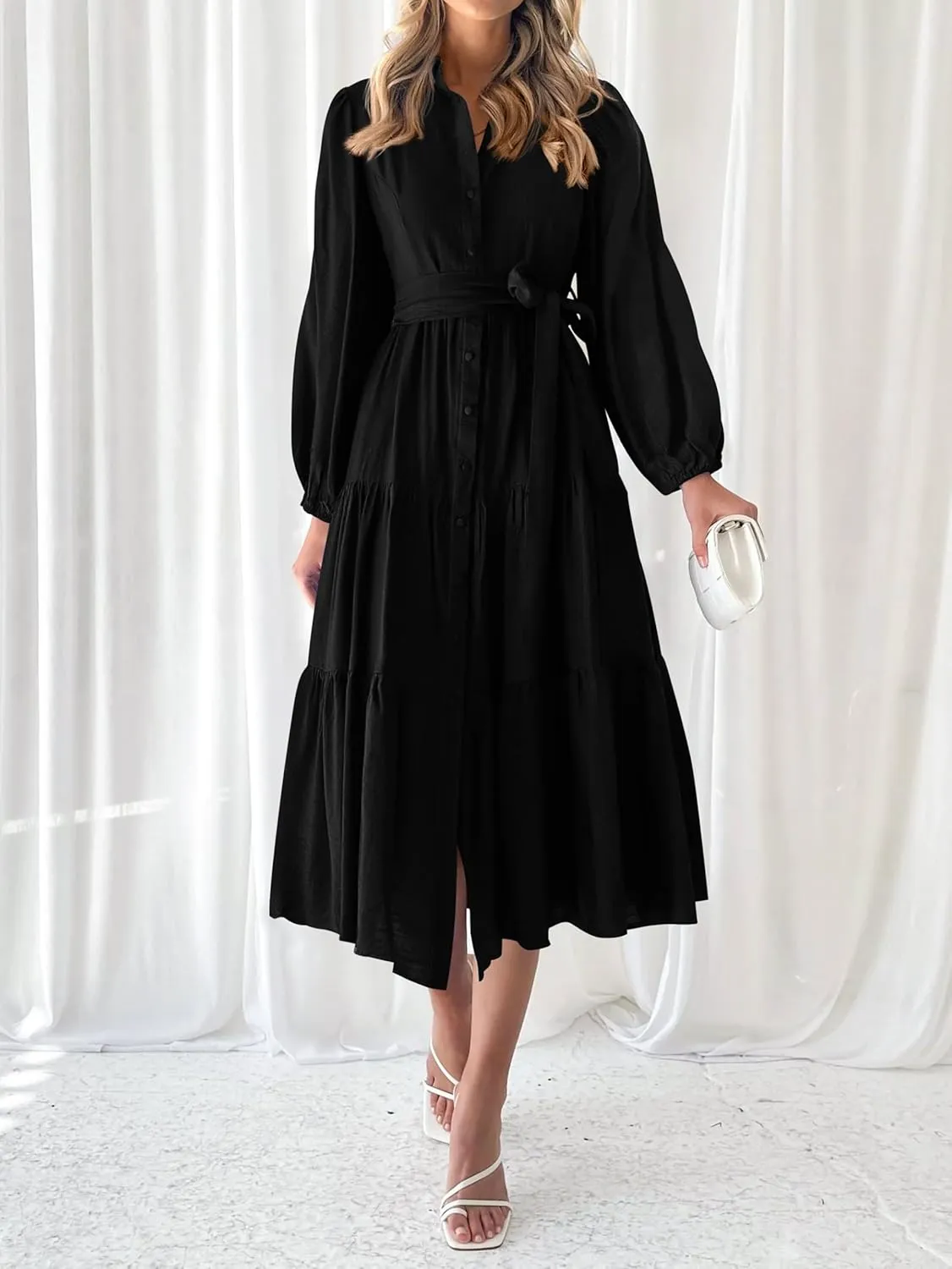 MASCOMODA Womens Dresses 2025 Fall Long Sleeve Midi Dress Casual V Neck Button Down Tiered Flowy Aline Tie Waist Shirt Dress