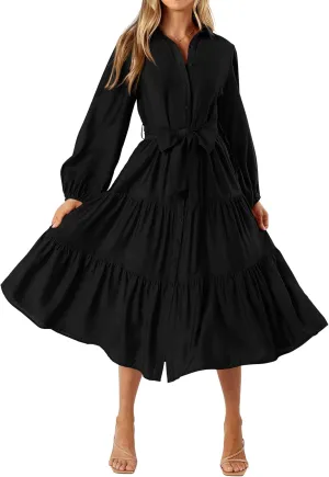 MASCOMODA Womens Dresses 2025 Fall Long Sleeve Midi Dress Casual V Neck Button Down Tiered Flowy Aline Tie Waist Shirt Dress