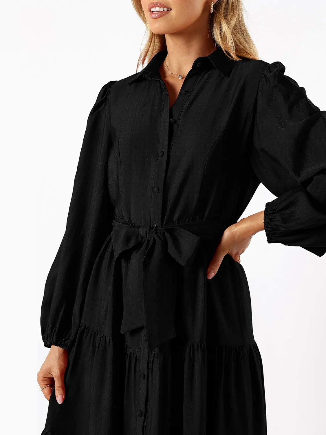 MASCOMODA Womens Dresses 2025 Fall Long Sleeve Midi Dress Casual V Neck Button Down Tiered Flowy Aline Tie Waist Shirt Dress
