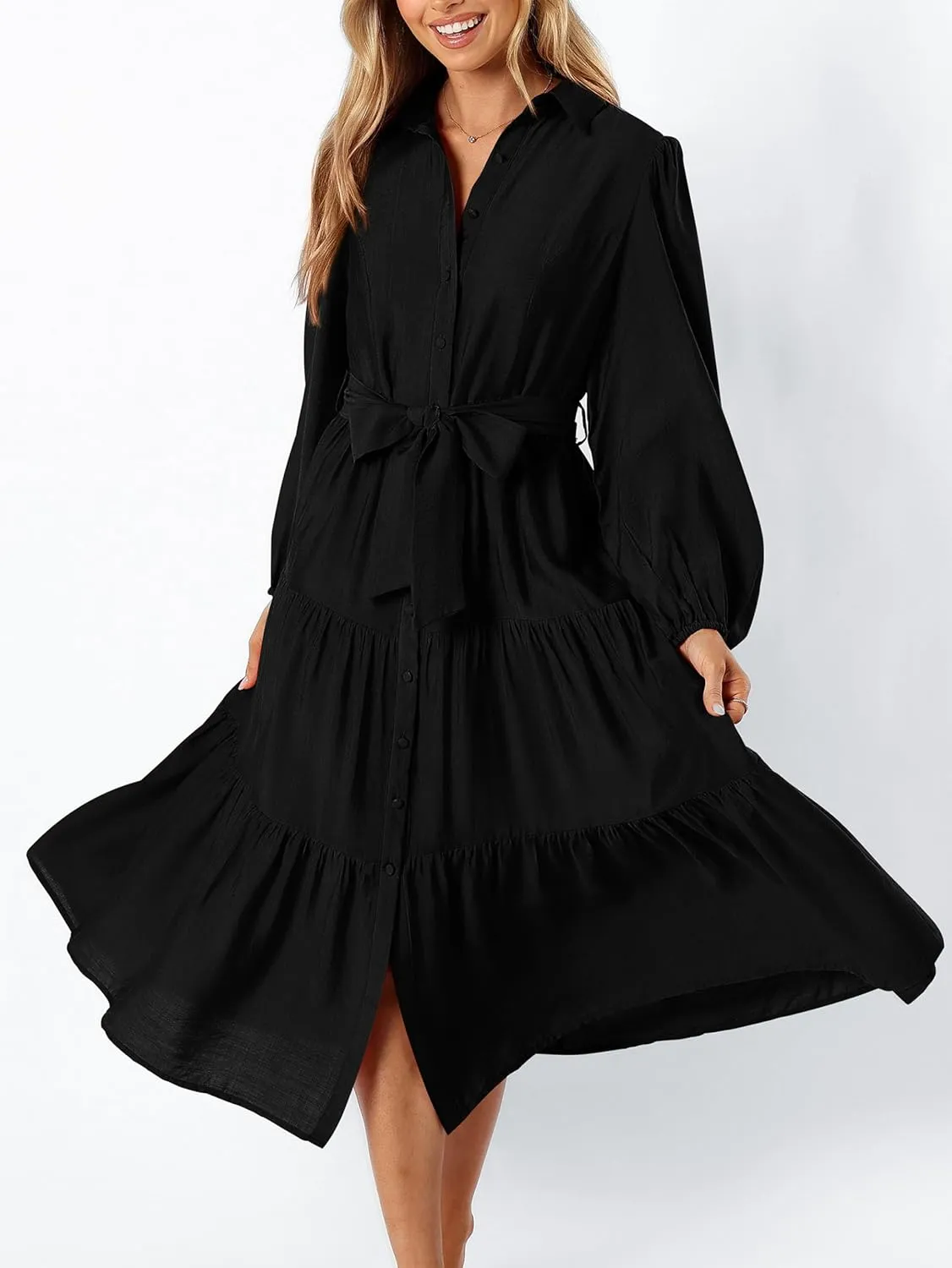 MASCOMODA Womens Dresses 2025 Fall Long Sleeve Midi Dress Casual V Neck Button Down Tiered Flowy Aline Tie Waist Shirt Dress