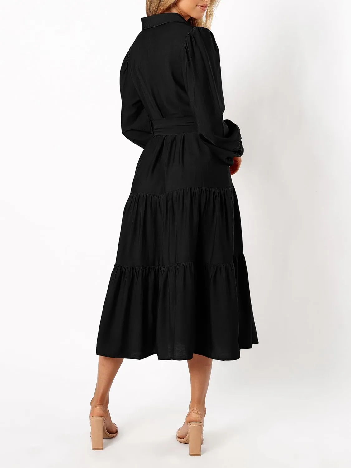 MASCOMODA Womens Dresses 2025 Fall Long Sleeve Midi Dress Casual V Neck Button Down Tiered Flowy Aline Tie Waist Shirt Dress