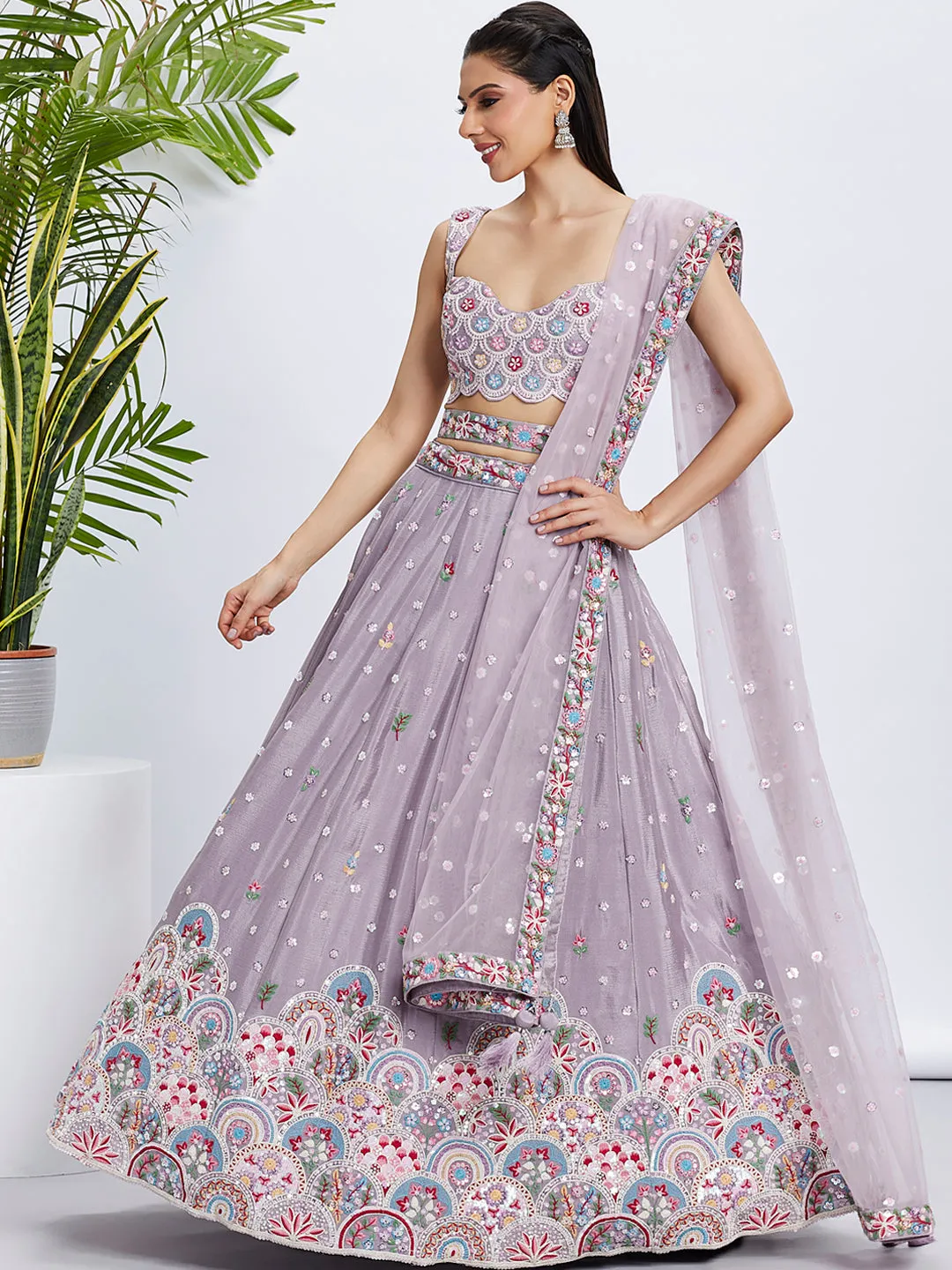 Mauve Organza Sequins, Zarkan and thread embroidery Semi-Stitched Lehenga choli & Dupatta