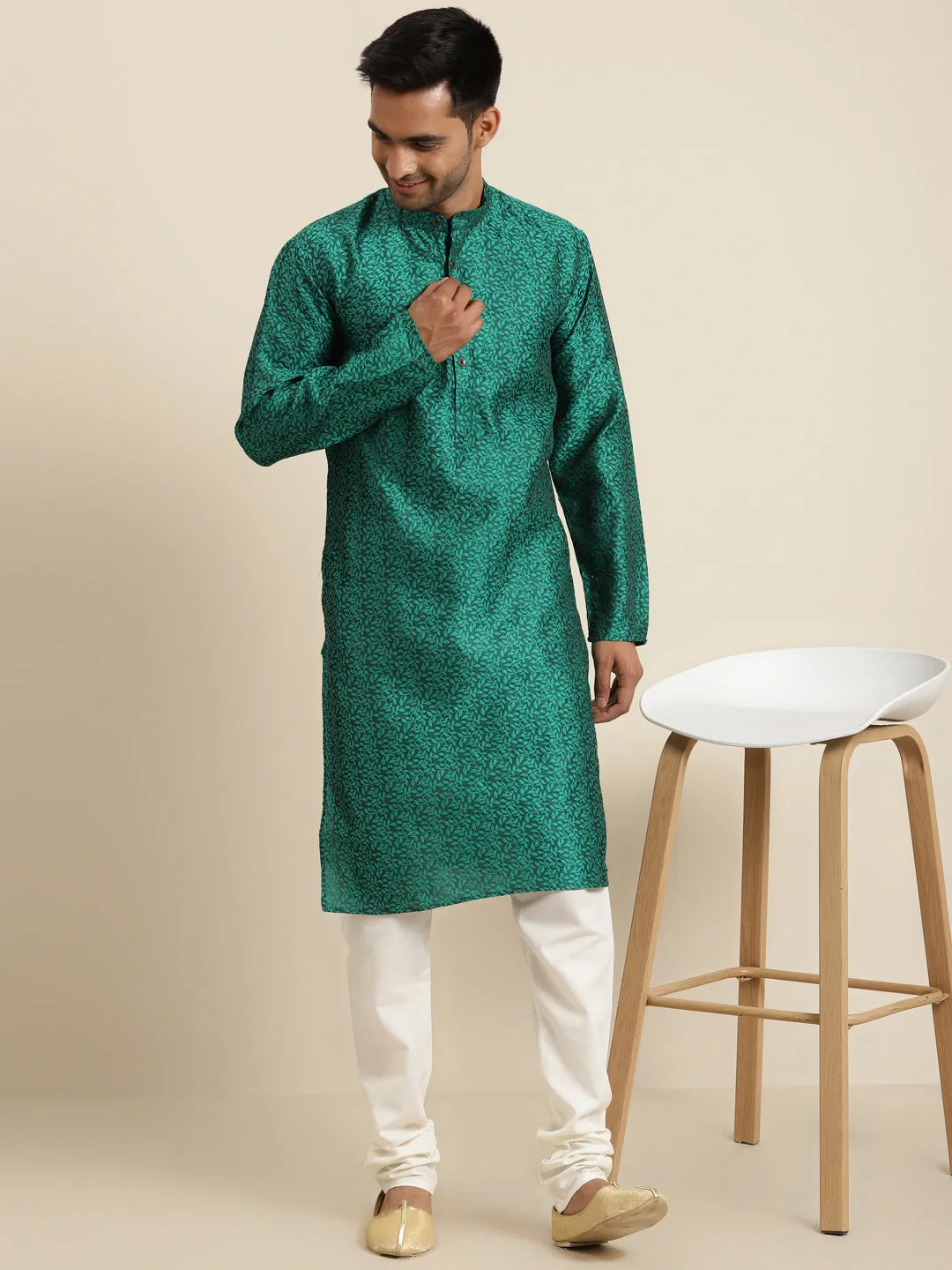 Men's Jacq Silk Dark green Self design Kurta & White Churidar Pyjama Set - Sojanya